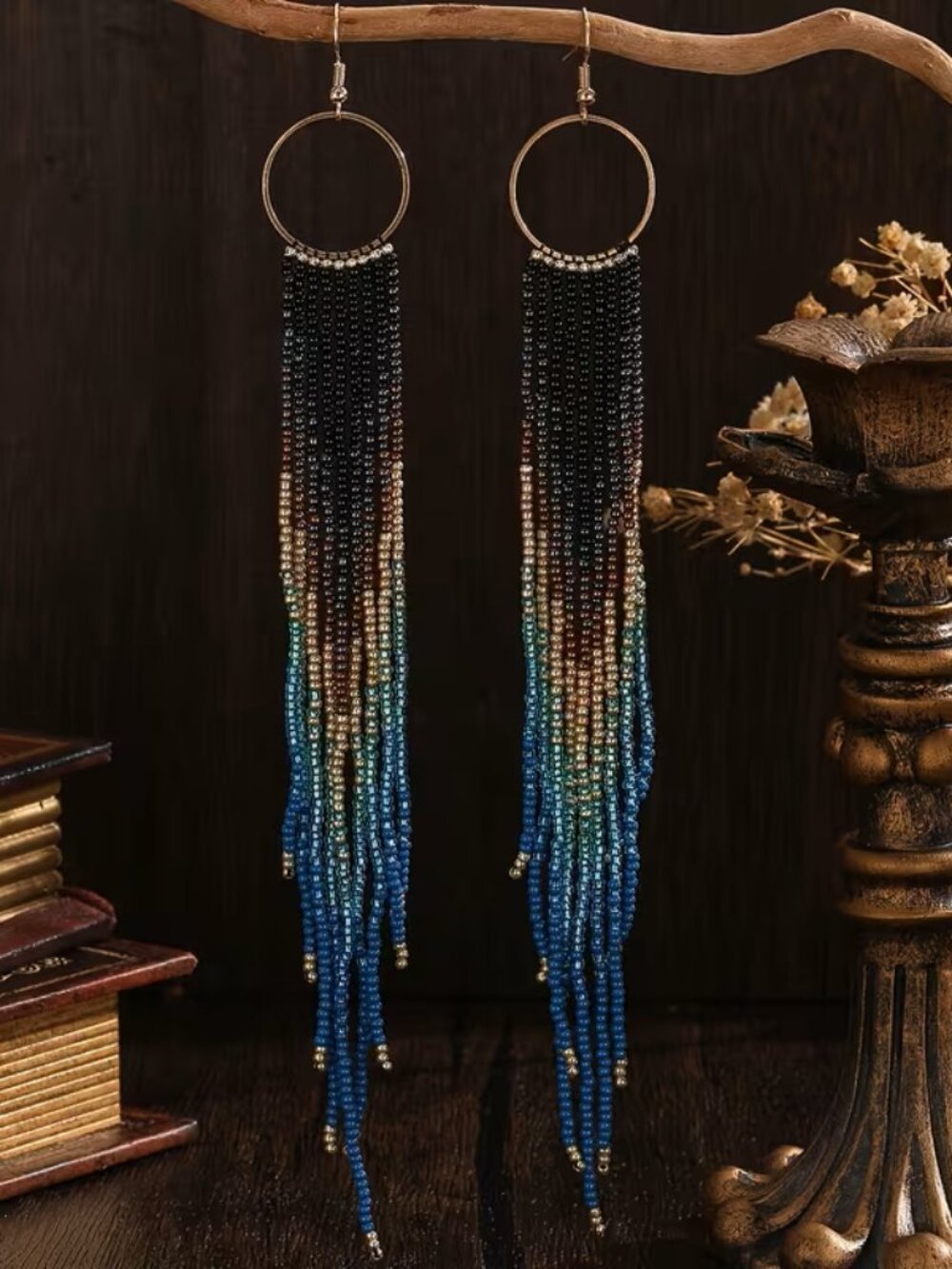 Art Deco Era Handmade Long Tassel Dangle Earrings - Glass Seed Beads